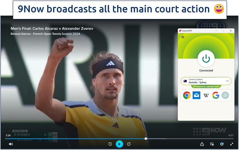 Screenshot of streaming the French Open Men’s Final between Alcaraz and Zverev