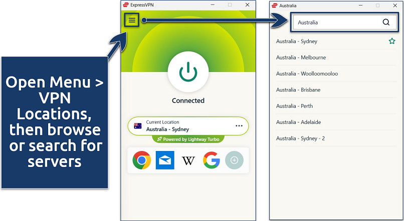Screenshots of the ExpressVPN Windows app showing a Sydney server connection and a list of Australian servers