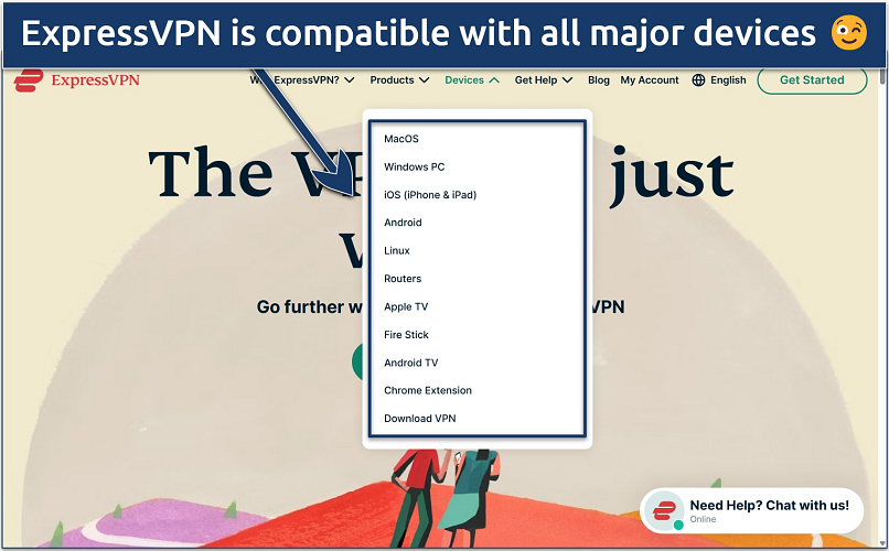 Screenshot of the ExpressVPN website homepage with the dropdown menu of supported devices