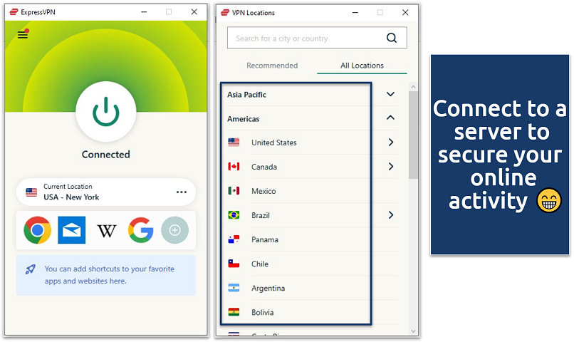 Screenshot of the ExpressVPN app with servers