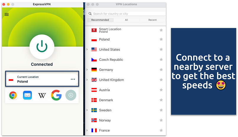 A screenshot showing ExpressVPN’s server selection interface