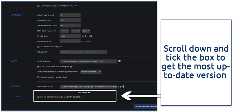 A screenshot showing Popcorn Time’s settings interface