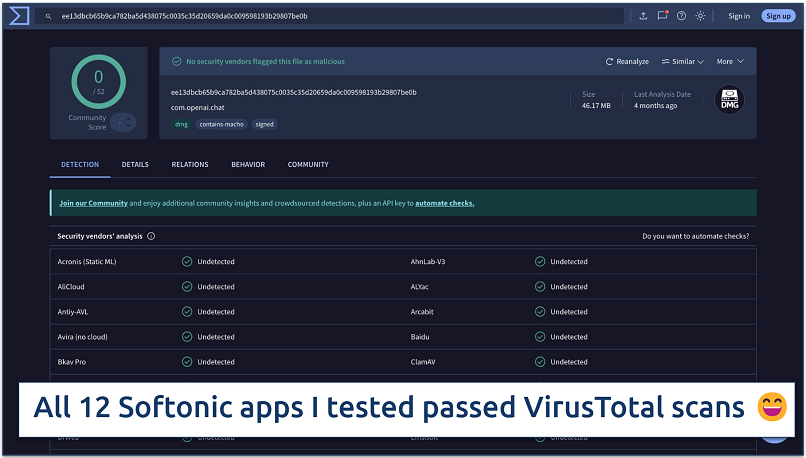 Screenshot of an app’s VirusTotal scan
