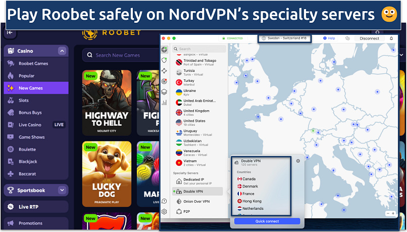Screenshot showing Roobet's new games accessed via NordVPN