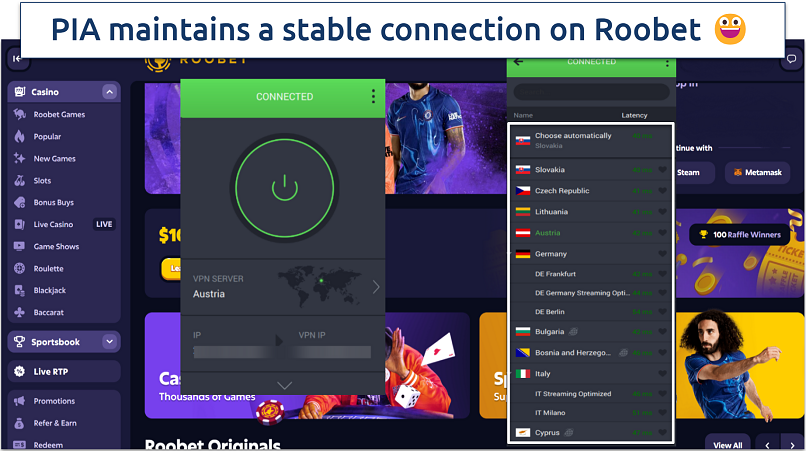 Screenshot showing PIA's server list on the Roobet site