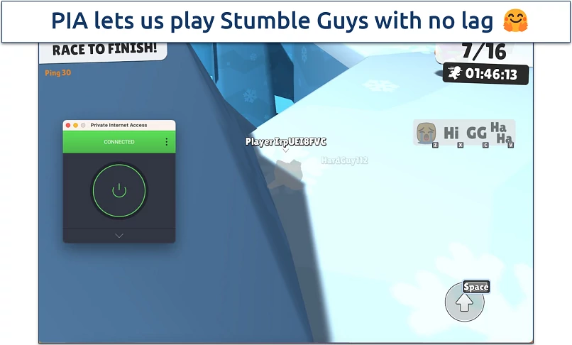 Screenshot of the game Stumble Guys with the PIA app connected to a US server