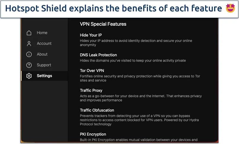 Screenshot of Hotspot Shield’s settings menu