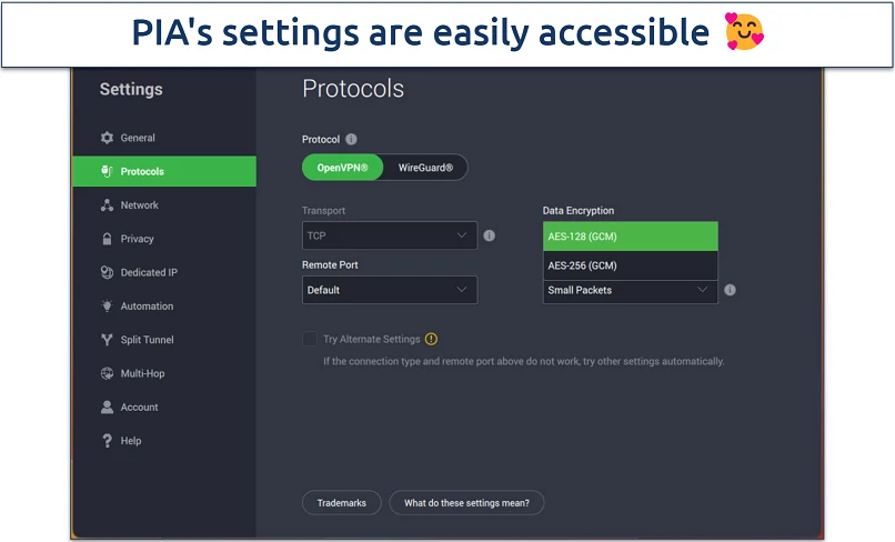 Screenshot of PIA's settings menu