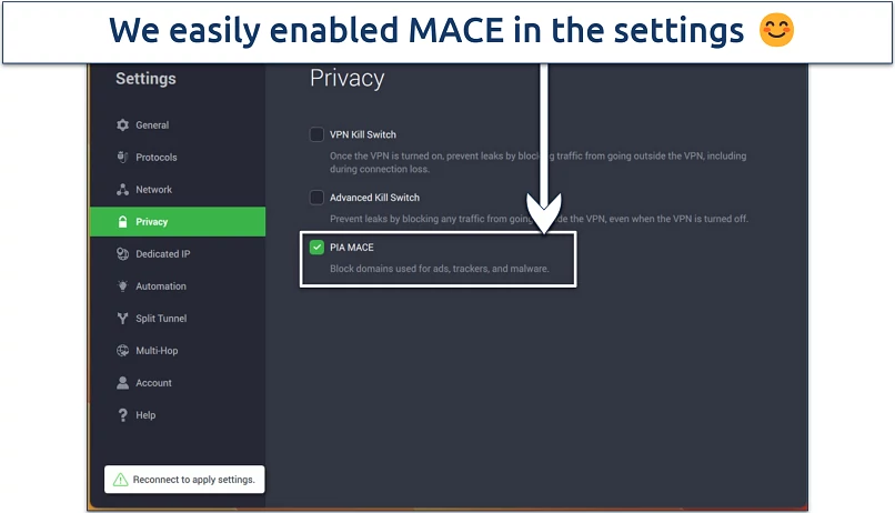 Screenshot of the MACE settings in the PIA app