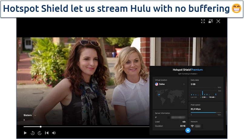 Screenshot of the Hotspot Shield app with Hulu in the background