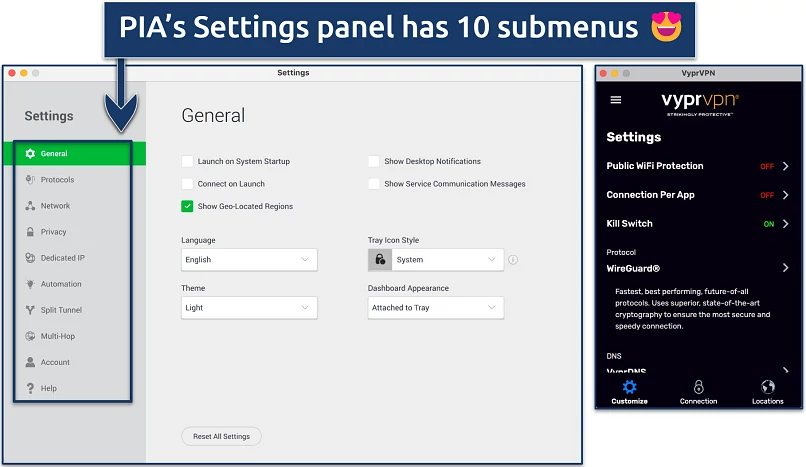 Screenshot showing the PIA and VyprVPN settings panels, side-by-side