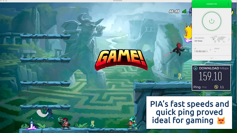 Screenshot showing the PIA app connected to a US server over a game of Brawlhalla