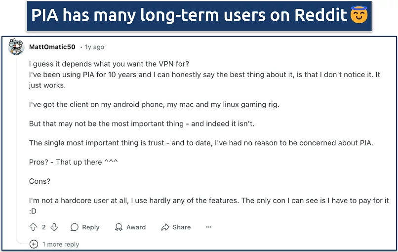 Screenshot of a positive review of PIA on Reddit