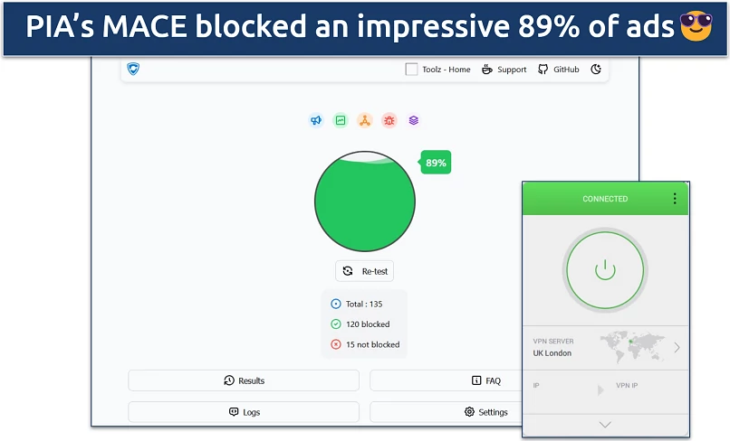 Screenshot of the Toolz adblock test with PIA connected