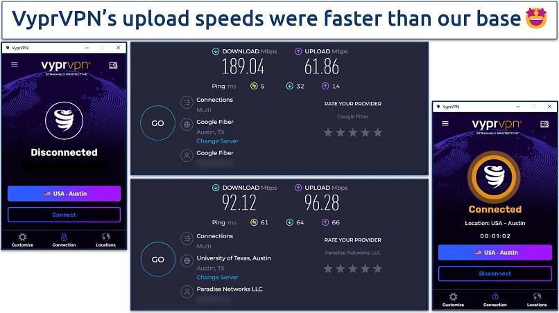 Screenshot showing the PIA app connected to a US server alongside speed tests