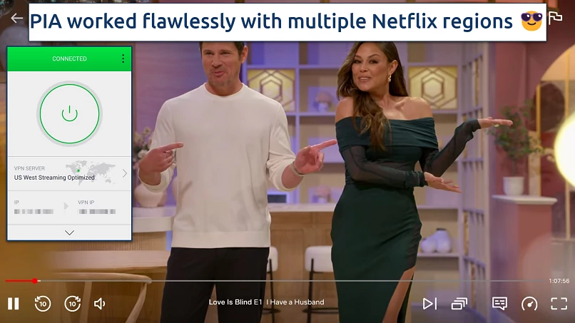 Screenshot showing the PIA app connected to a US server over a browser streaming Netflix