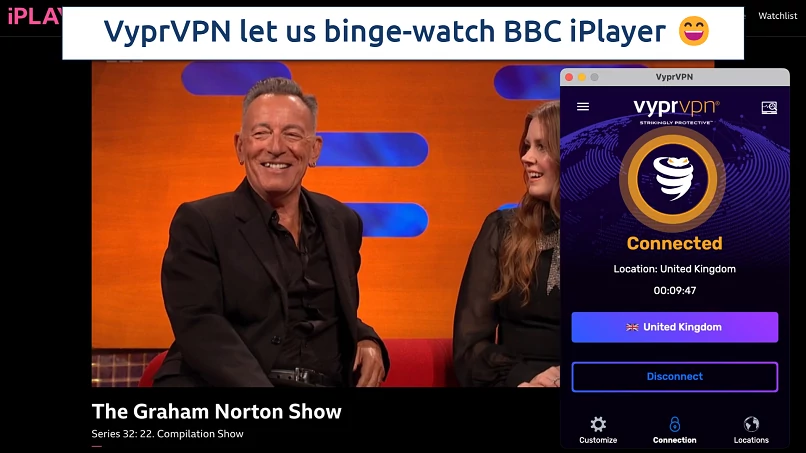 Screenshot showing the VyprVPN app connected to a UK server over a browser streaming BBC iPlayer