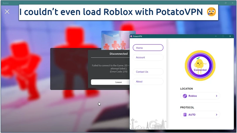 Screenshot of the Roblox loading screen with PotatoVPN connected to an optimized server