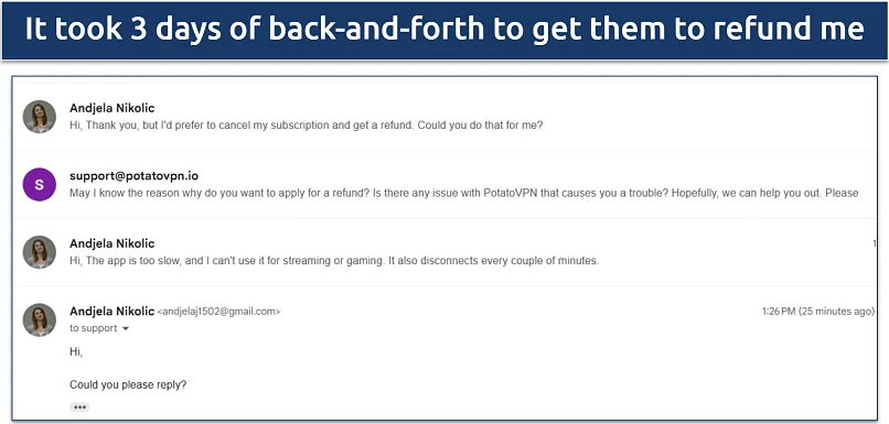 Screenshot of a conversation with PotatoVPN's support, asking for a refund