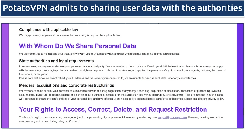 Screenshot of PotatoVPN's privacy policy