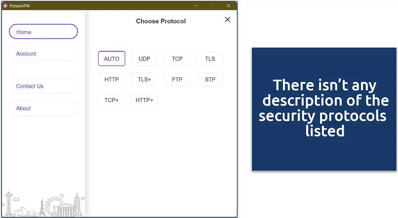 Screenshot of PotatoVPN's security protocol selection