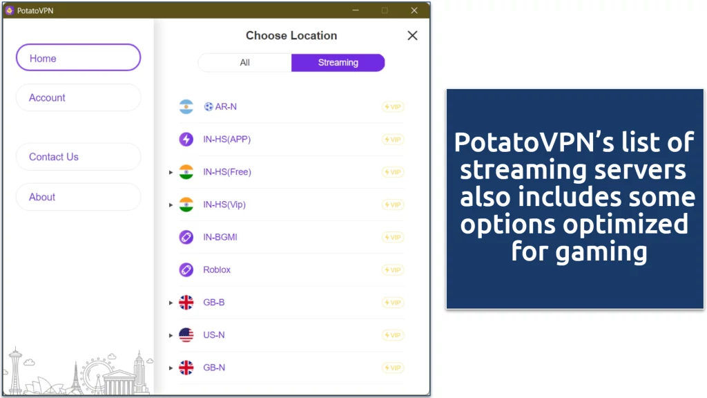 Screenshot of PotatoVPN's server list