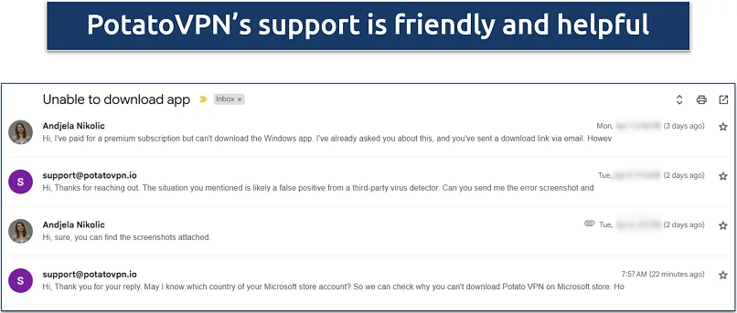 Screenshot of an email exchange with PotatoVPN's customer support