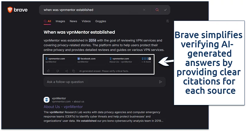 A screenshot showing Brave's AI-generated answers