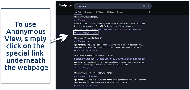 A screenshot showing how to use Startpage's Anonymous View feature
