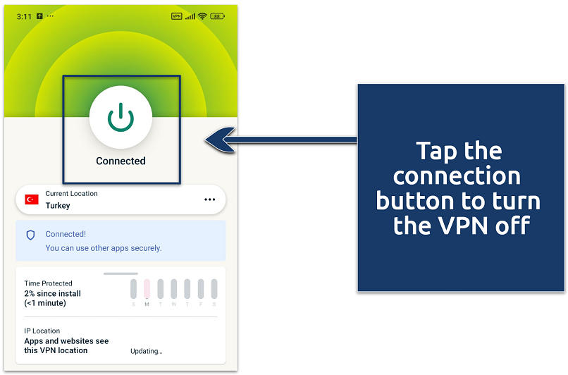 A screenshot showing how to turn the VPN off on the Android app