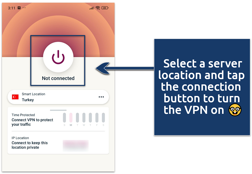 A screenshot of the VPN app not connected on Android