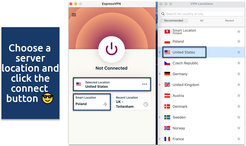 Screenshot of the VPN servers and a connection button