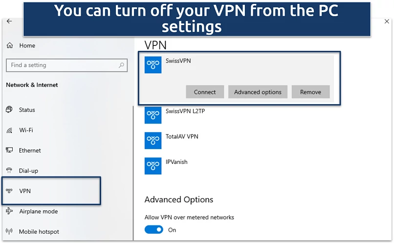 A screenshot of a Windows VPN settings