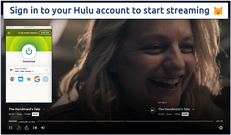 Screenshot of The Handmaid’s Tale streaming on Hulu with ExpressVPN connected