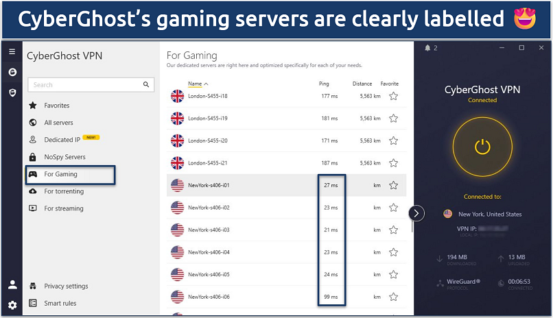 Screenshot showing CyberGhost's gaming servers and their latency