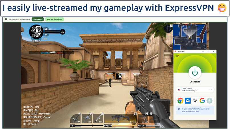 Screenshot showing a Discord screen share of a first-person shooter game with ExpressVPN connected to a New Jersey server