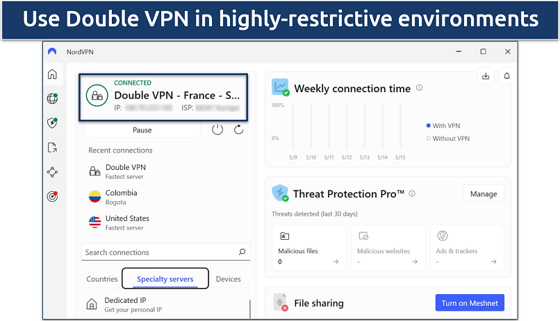 Screenshot showing NordVPN's Windows app connected to Double VPN servers