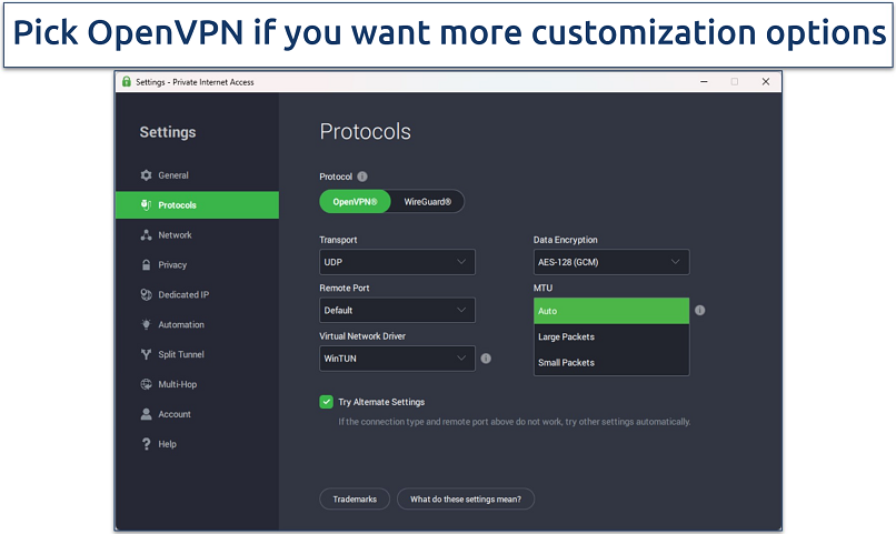 Screenshot showing some of the available connection customization options on PIA's Windows app