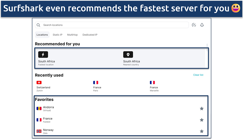 Screenshot showing Surfshark's server recommendations and bookmarked servers