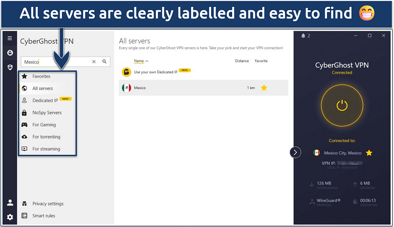 Screenshot showing the CyberGhost Windows app with the Mexico server connected