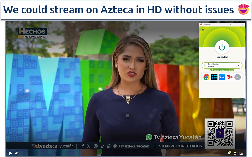 Screenshot showing live TV streaming on Azteca with ExpressVPN connected to the Mexico server
