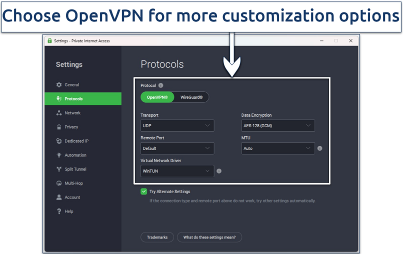 Screenshot showing some of the available connection customization options on the PIA Windows app
