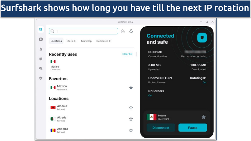 Screenshot showing Surfshark's Windows app with Rotating IP and NoBorders turned on
