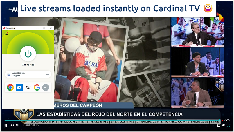 Screenshot showing a TV show playing on Cardinal TV with ExpressVPN connected to a Uruguay server
