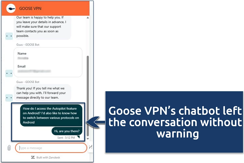 Screenshot showing a conversation with Goose VPN's chatbot