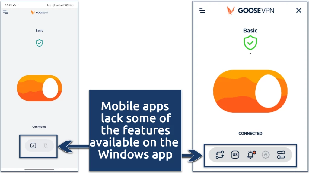 Screenshot showing some of the differences between the Goose VPN Windows and Android apps