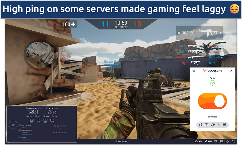 Screenshot showing First-person shooter gameplay with Goose VPN connected to a Türkiye server.