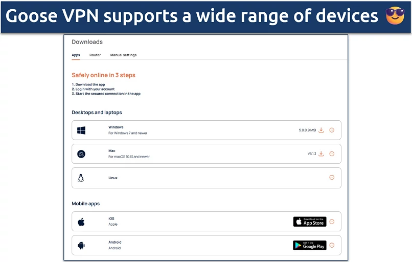 Screenshot showing various devices and platforms that Goose VPN works on