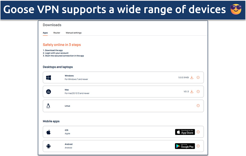 Screenshot showing various devices and platforms that Goose VPN works on