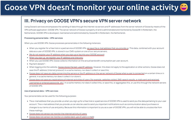 Screenshot showing a section of Goose VPN's privacy policy